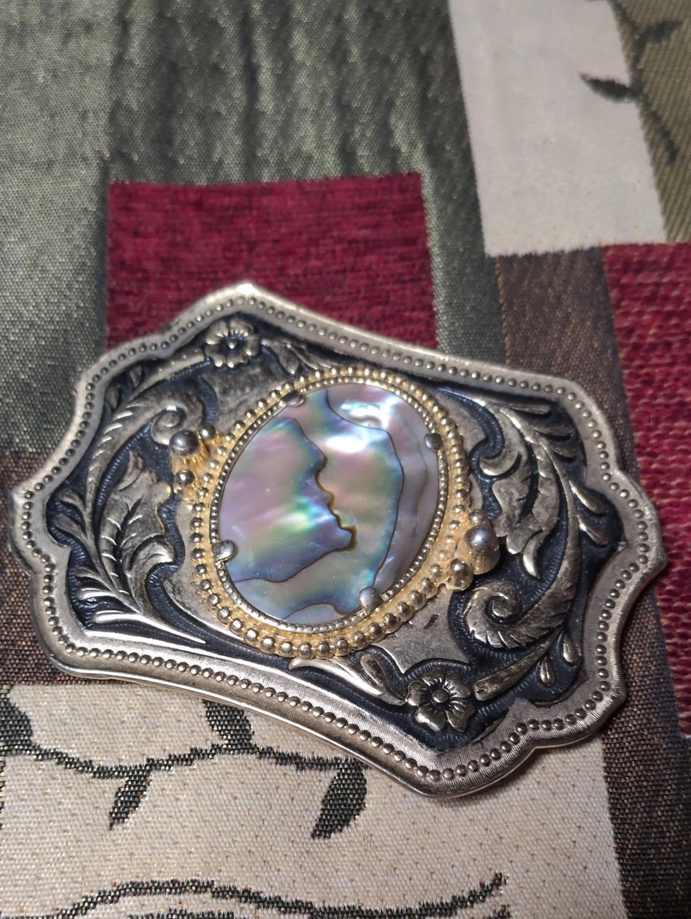 Ornate Abalone Shell Buckle in Silver Tone